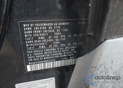 2009 Volkswagen Tiguan Se из США, поврежденный, VIN WVGAV75N09W527223